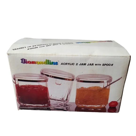 VINTAGE DIAMONDLINE ACRYLIC JAM JARS 2 COUNT WITH SERVING SPOONS 3IN PICNIC - Picture 2 of 13